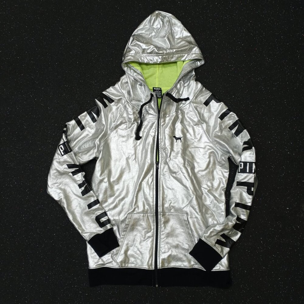 PINK Victoria's Secret Satin Silver Full Zip Hoodie Jacket NEW